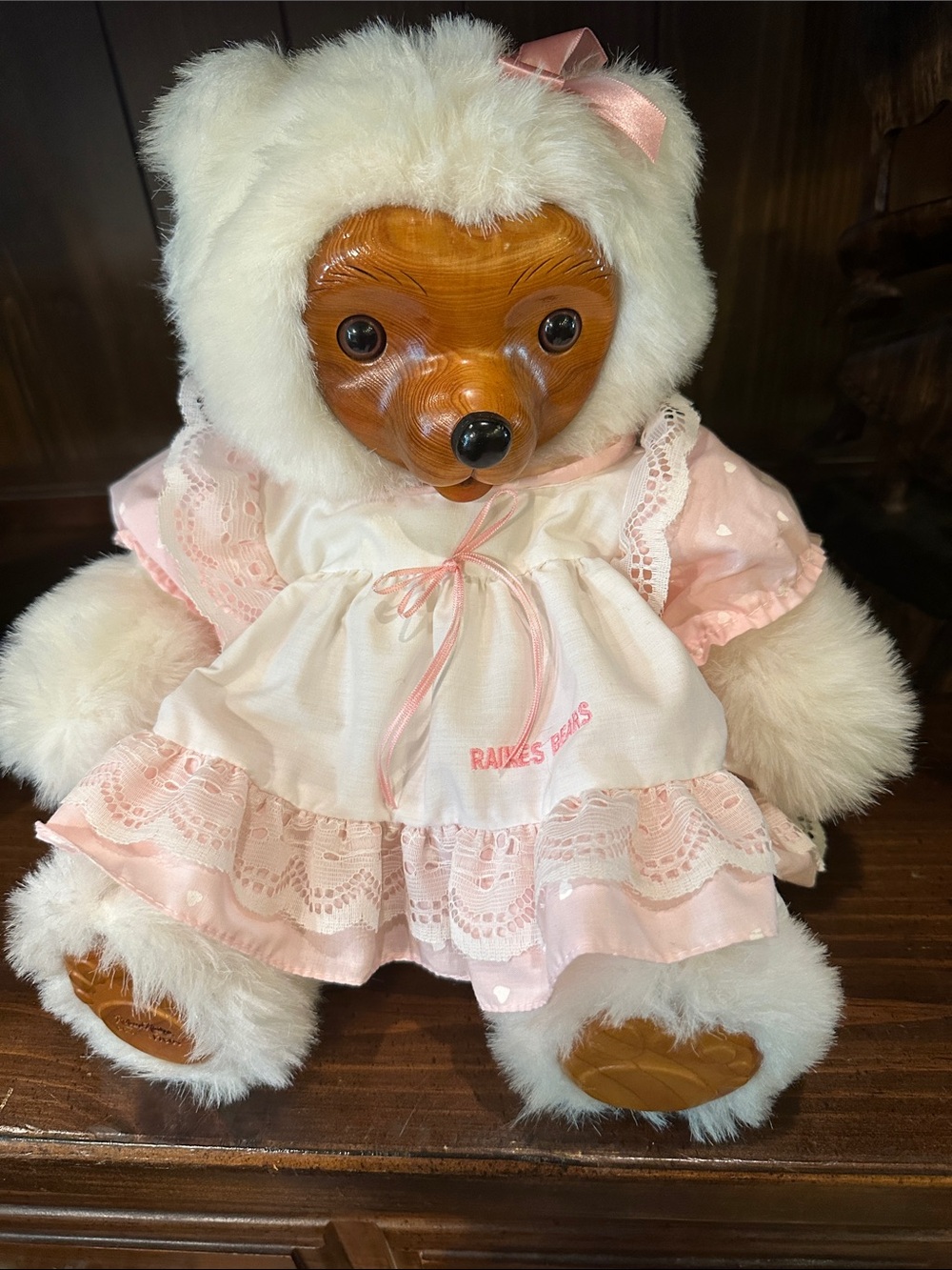 Plush Teddy in White Fur with Pink Dress